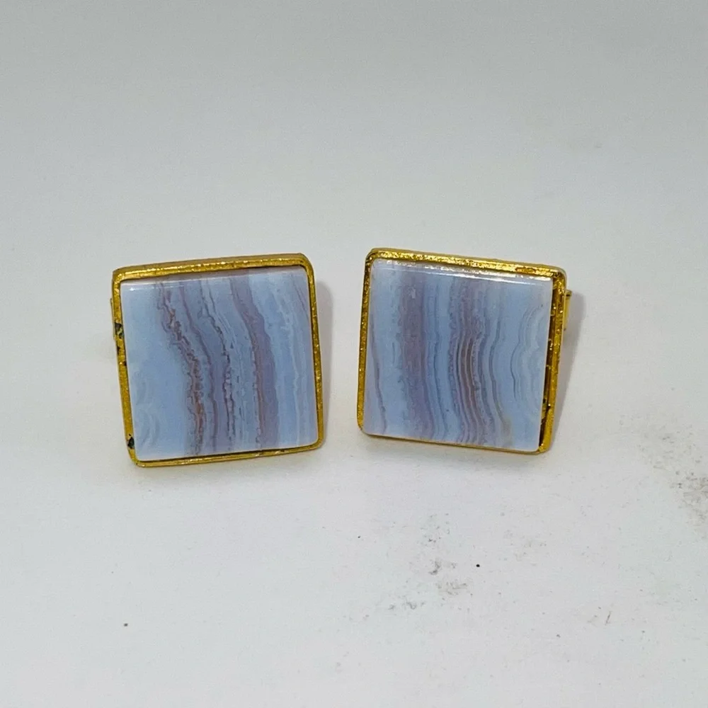Striking Vintage Genuine Polished Blue Lace and Gold Tone Cufflinks